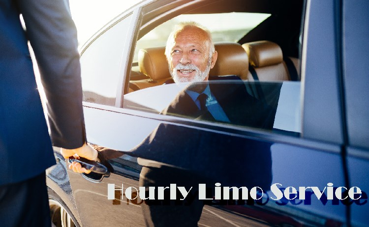 a hand opening the back door of a car service for his client to go down wearing a happy face for good service promoting an hourly chicago limo rentals
