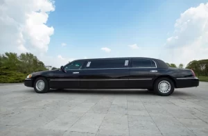 Black stretch limousine Chicago parked on a stone surface
