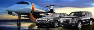 Luxury jet with two luxury black Chicago Airport car service