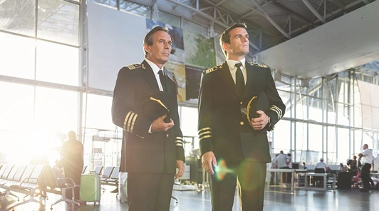Two uniformed pilots ready for travel with Airline Crew Transportation Chicago